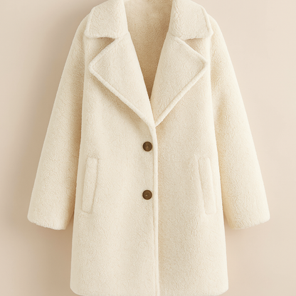 Elegante Witte Teddy Jas Dames – Lange Winterjas met Kraag