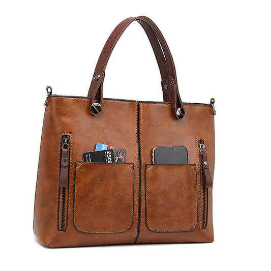 Shopper Handtas Dames – Grote Leren Tas met Voorvakken & Schouderband