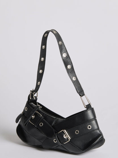 Liorra Vegan Leren Schoudertas Zwart met Gespdetails – Stoer & Trendy