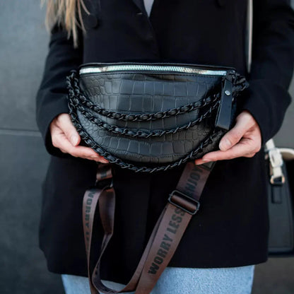 Trendy Crossbody Heuptas – Zwarte Schoudertas met Gevlochten Detail & Verstelbare Band