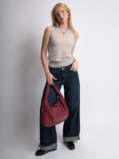 Luxe Gevlochten Schoudertas voor Dames – Zwart en Rood – Ruim en Stijlvol