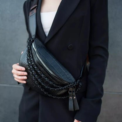 Trendy Crossbody Heuptas – Zwarte Schoudertas met Gevlochten Detail & Verstelbare Band