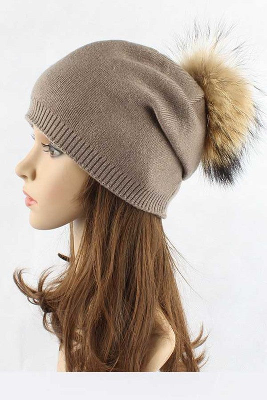 Wol-Cashmere Muts met Afneembare Bont Pompon