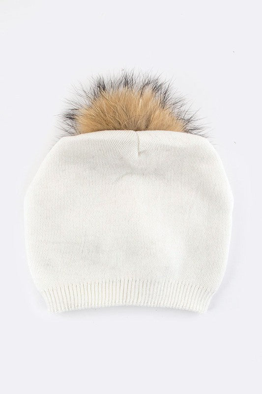 Wol-Cashmere Muts met Afneembare Bont Pompon