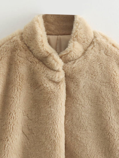 Dames Teddy Bomber Jas – Beige Winterjas van Zachte Fleece