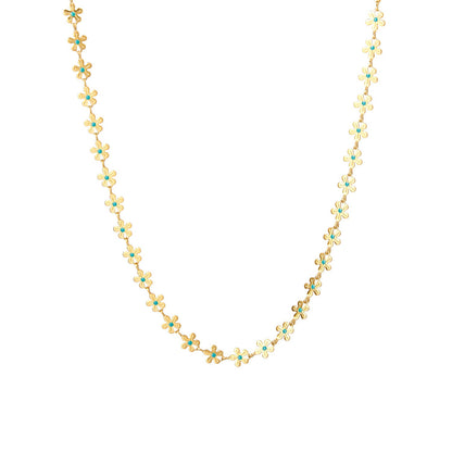 Goudkleurige Bloemenketting met Turquoise Emaille – Vrolijk & Elegant Zomersieraad