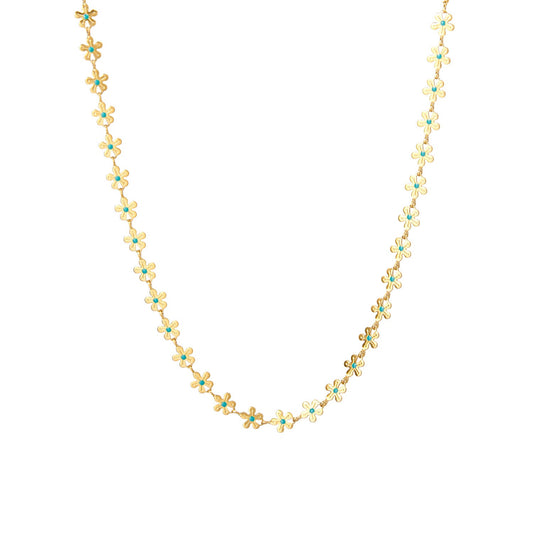 Goudkleurige Bloemenketting met Turquoise Emaille – Vrolijk & Elegant Zomersieraad