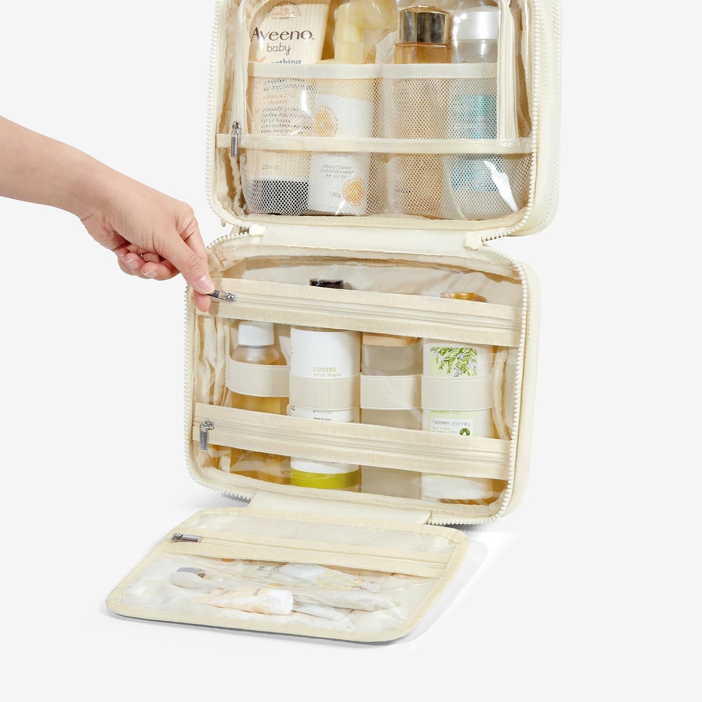 Lichtroze Hangende Toilettas met Gewatteerd Design – Organizer met Transparante Vakken & Haak