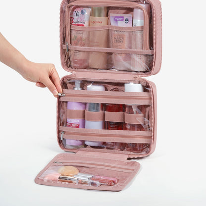 Lichtroze Hangende Toilettas met Gewatteerd Design – Organizer met Transparante Vakken & Haak