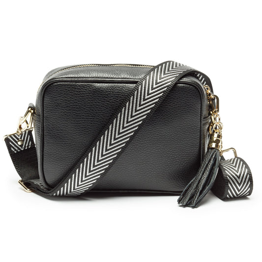 Crossbody Tas Dames – Zwart PU Leer met Brede Zwart-Witte Schouderband – Trendy & Elegant