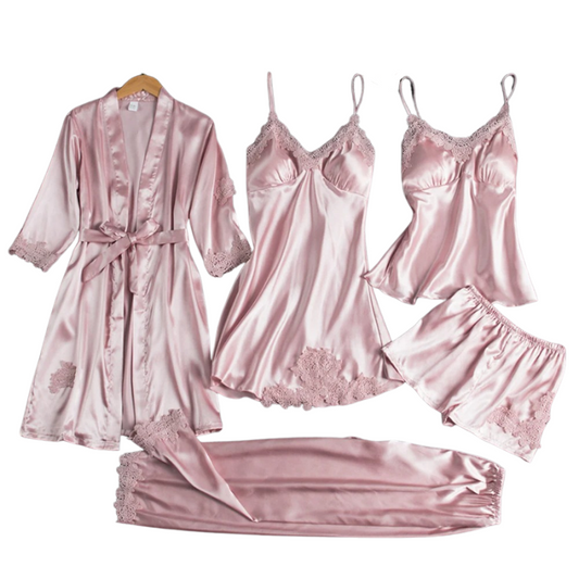 Dames Pyjamaset 5-delig – Satijnen Nachtkleding met Badjas, Top, Shorts & Lange Broek