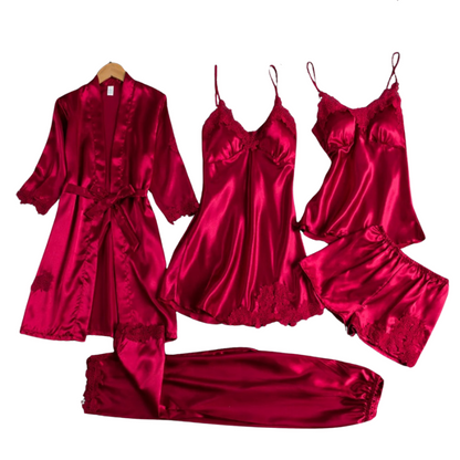 Dames Pyjamaset 5-delig – Satijnen Nachtkleding met Badjas, Top, Shorts & Lange Broek