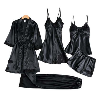Dames Pyjamaset 5-delig – Satijnen Nachtkleding met Badjas, Top, Shorts & Lange Broek