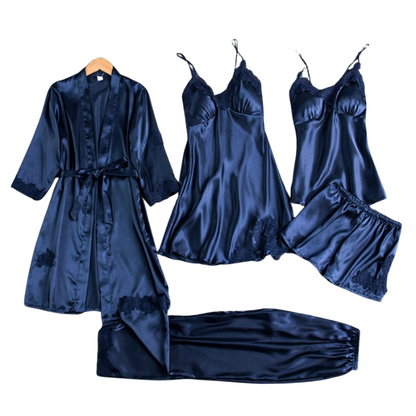 Dames Pyjamaset 5-delig – Satijnen Nachtkleding met Badjas, Top, Shorts & Lange Broek