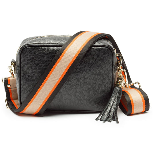 Zwarte Schoudertas Dames Crossbody met Oranje Gestreepte Band – Trendy & Functioneel