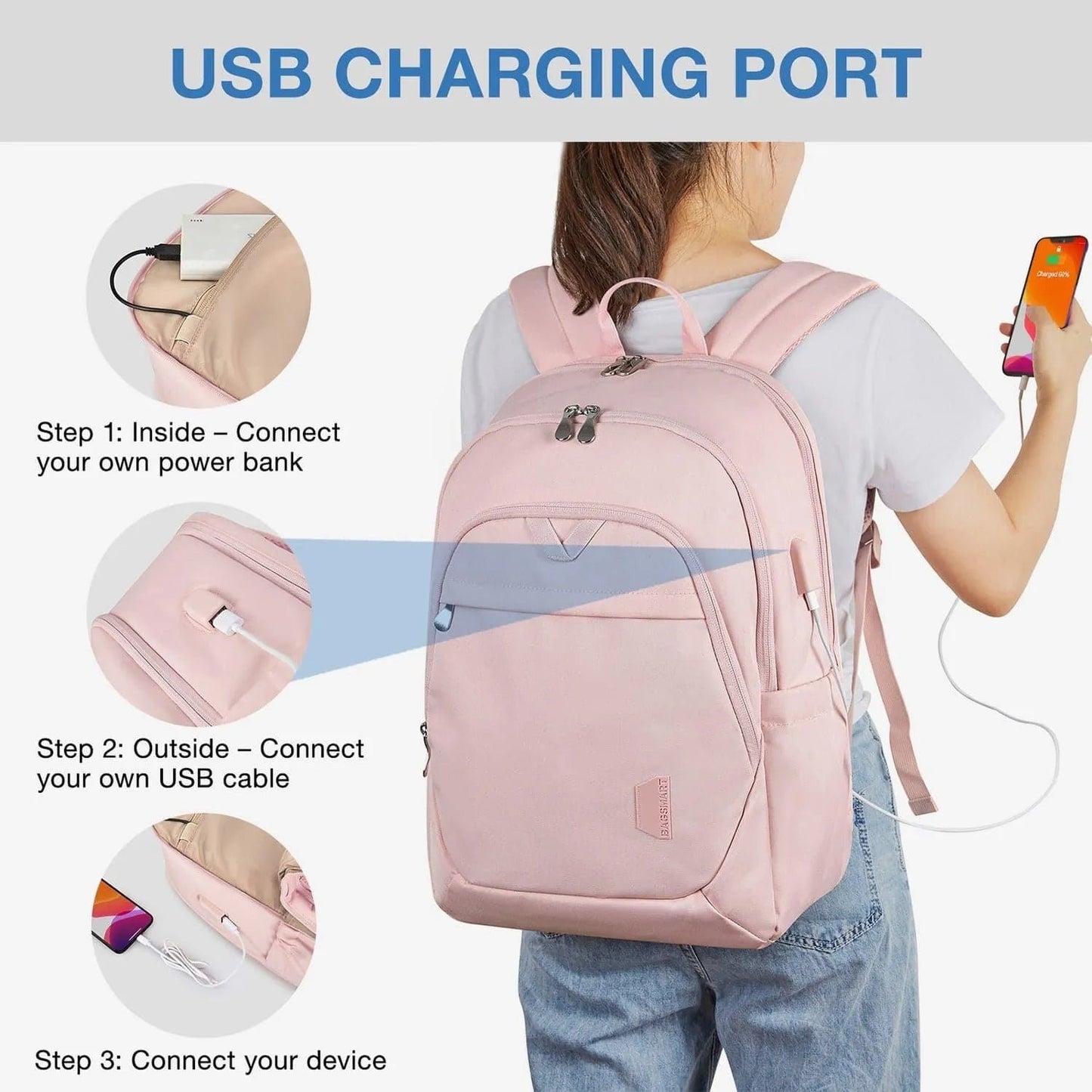 Luxe Roze Rugzak – Waterafstotende Laptop & Schooltas met USB-aansluiting
