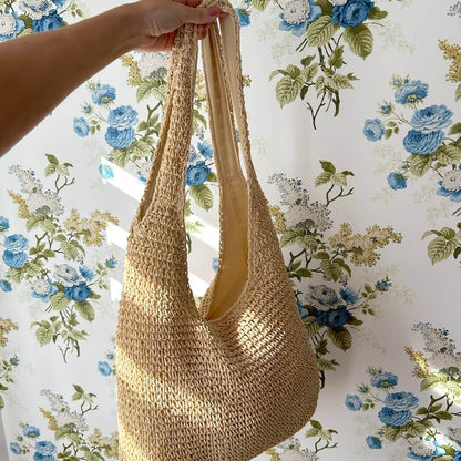 Bohemian Strandtas – Grote Rieten Shopper met Rits, Duurzaam Geweven