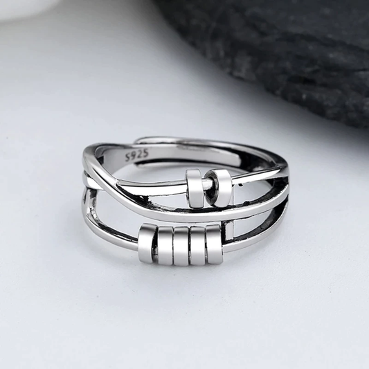 Anti-Stress Ring Dames & Heren – Zilveren RVS Fidget Ring met Roterende Kralen