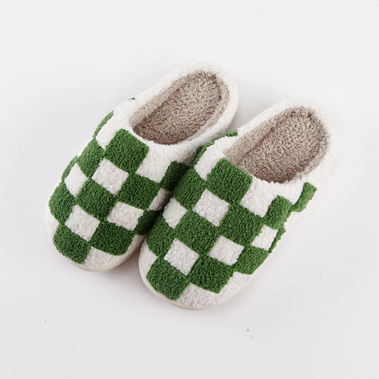 Unisex Geblokte Pantoffels – Warme & Antislip Huisschoenen met Schaakbordpatroon