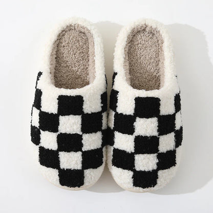 Unisex Geblokte Pantoffels – Warme & Antislip Huisschoenen met Schaakbordpatroon