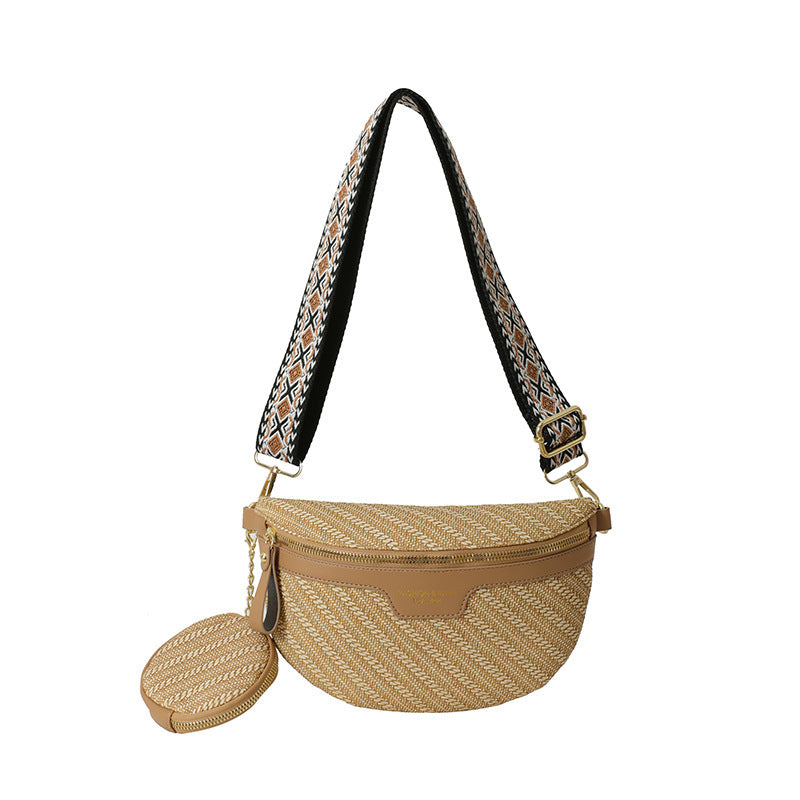 Raffia Crossbody Heuptas – Dames Fanny Pack met Extra Mini Tasje – Boho Zomerstijl