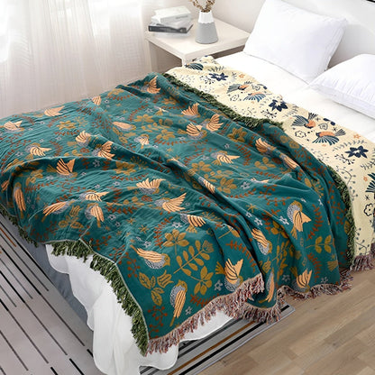 Boho Geborduurde Deken – Omkeerbare Katoenen Fleece met Vogels en Bloemen 200x230 cm