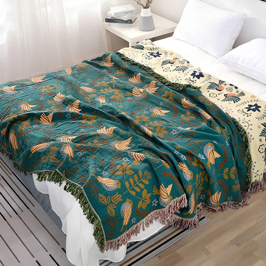 Boho Geborduurde Deken – Omkeerbare Katoenen Fleece met Vogels en Bloemen 200x230 cm