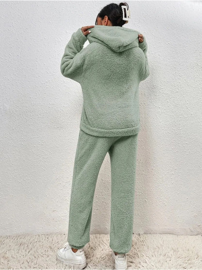 Fluffy Huispak Dames – Warme Teddy Loungewear Set met Hoodie