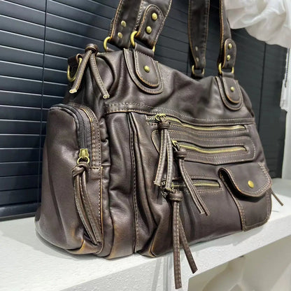 Luxe Bruine Schoudertas met Ritsvakken – Ruime Dames Handtas