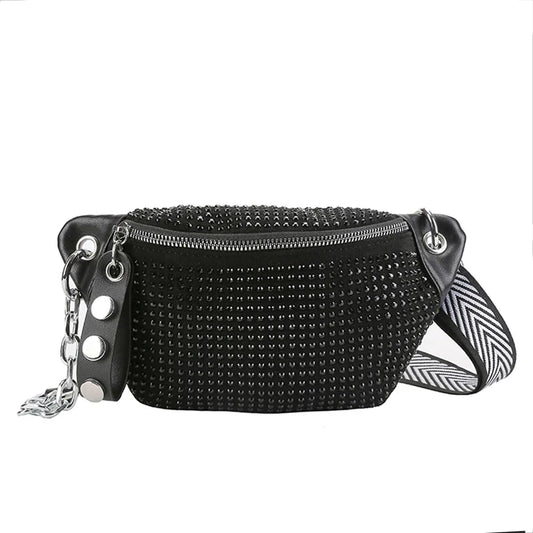 Zwarte Heuptas met Strass Steentjes – Crossbody Festival Bag met Schakelketting – Glam Streetstyle