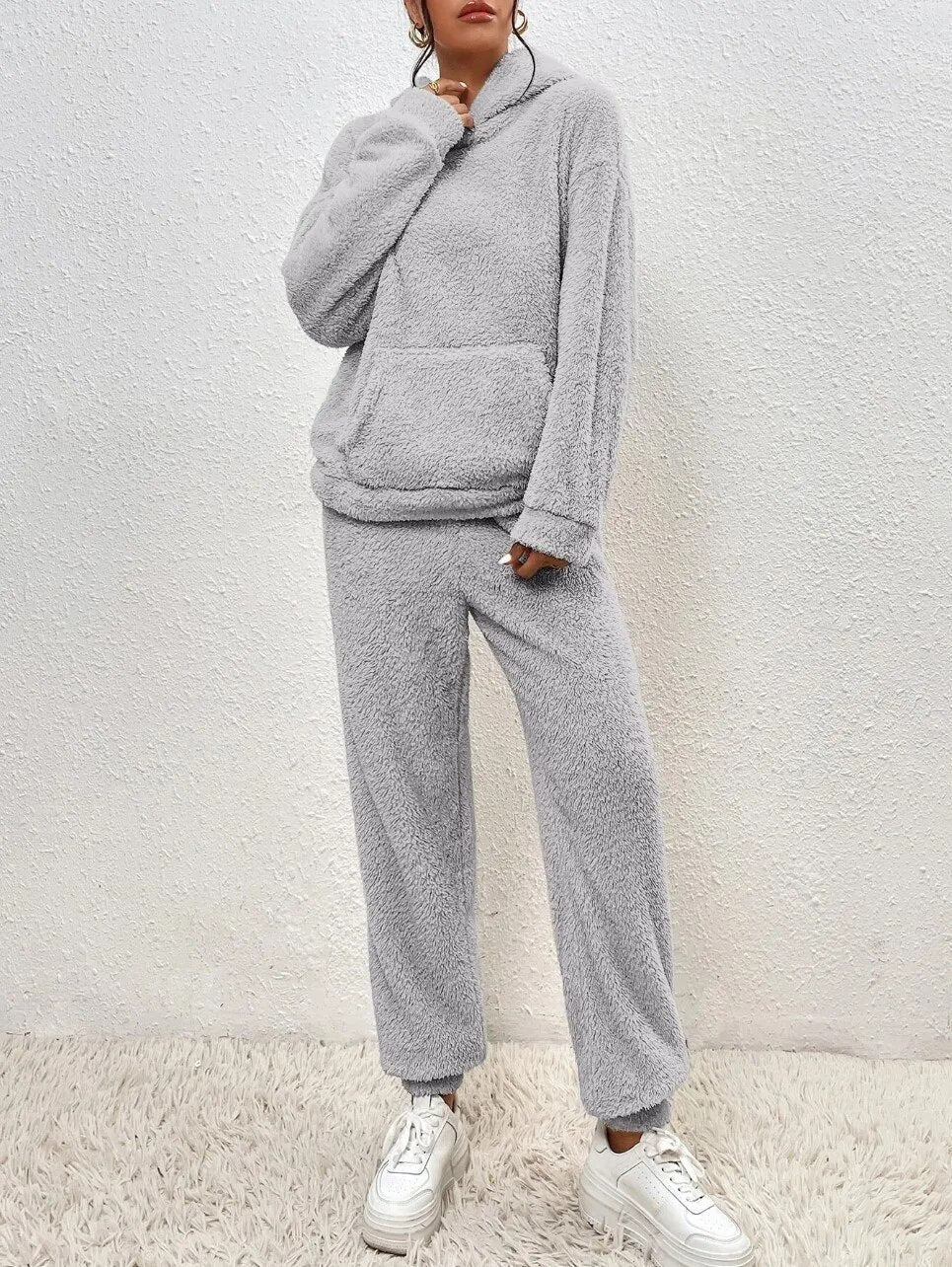 Fluffy Huispak Dames – Warme Teddy Loungewear Set met Hoodie