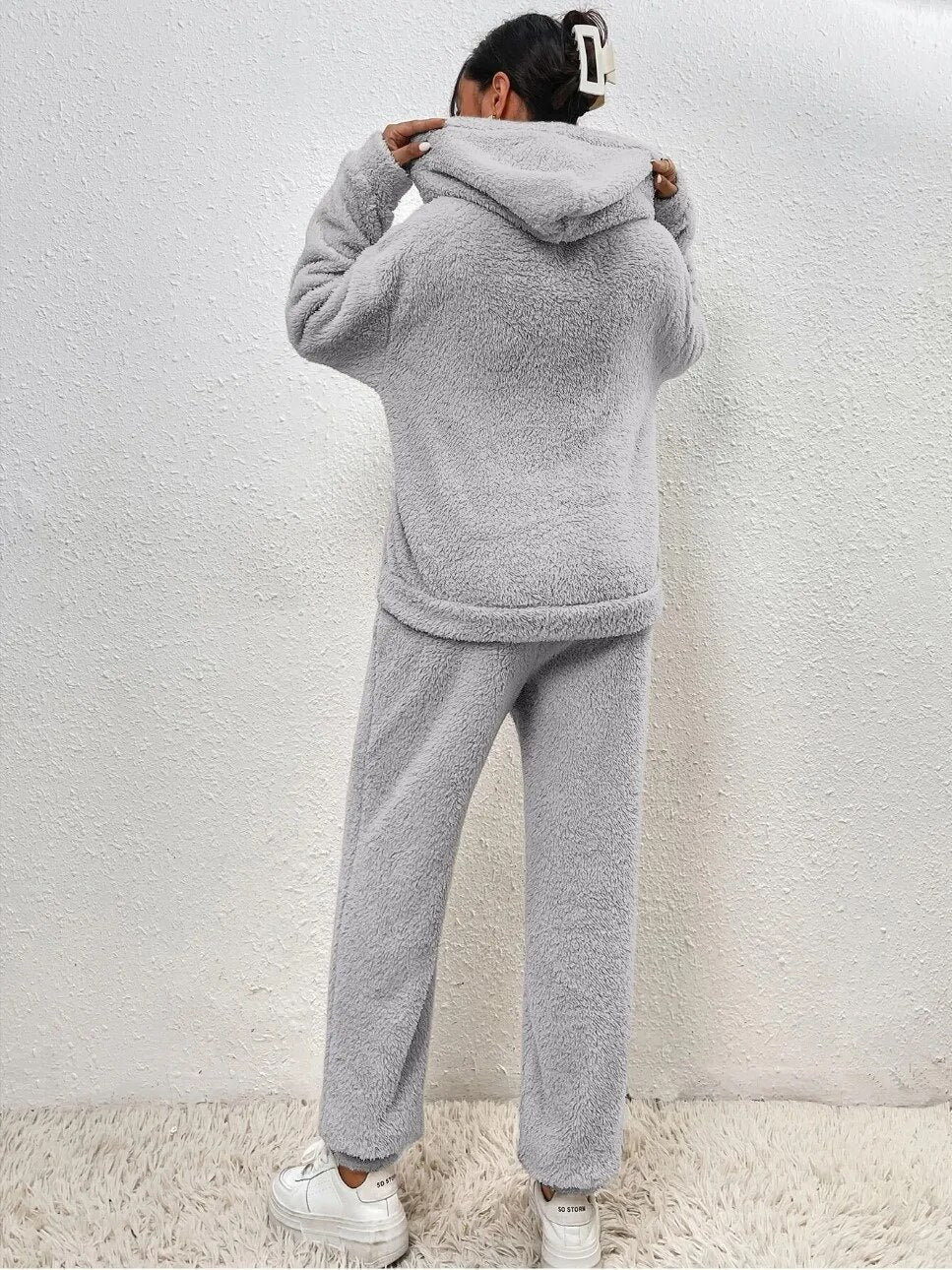 Fluffy Huispak Dames – Warme Teddy Loungewear Set met Hoodie