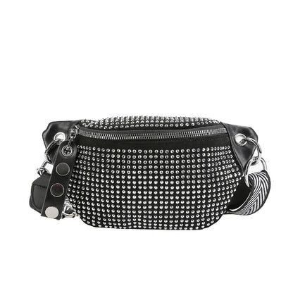 Zwarte Heuptas met Strass Steentjes – Crossbody Festival Bag met Schakelketting – Glam Streetstyle