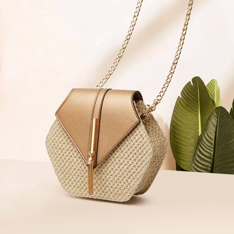 Dames Schoudertas van Riet met Leren Accent – Zomers, Licht & Elegant