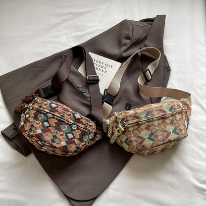 Geometrische Crossbody Bananentas – Stijlvolle Heuptas met Uniek Patroon