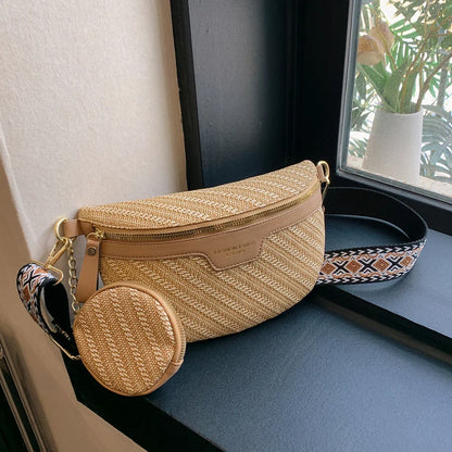 Raffia Crossbody Heuptas – Dames Fanny Pack met Extra Mini Tasje – Boho Zomerstijl