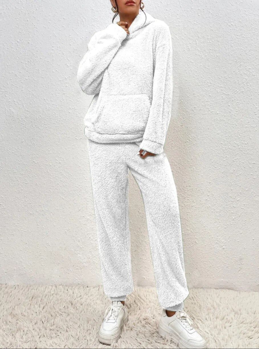 Fluffy Huispak Dames – Warme Teddy Loungewear Set met Hoodie
