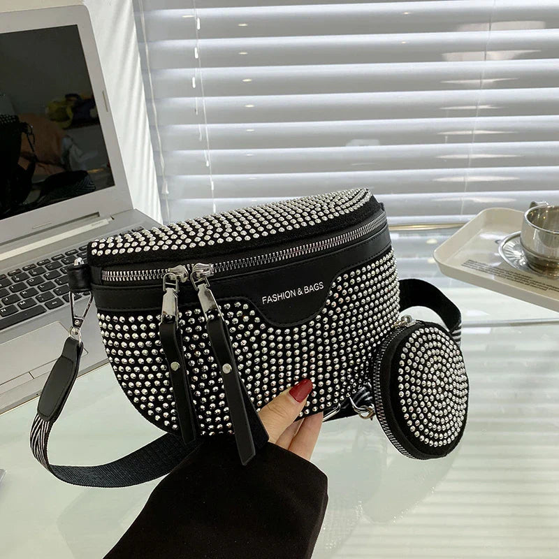 Chique Crossbody Heuptas met Studs – Luxe Schoudertas met Extra Pouch