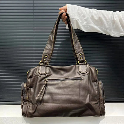 Luxe Bruine Schoudertas met Ritsvakken – Ruime Dames Handtas