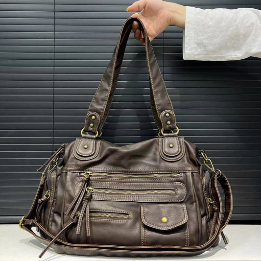 Luxe Bruine Schoudertas met Ritsvakken – Ruime Dames Handtas
