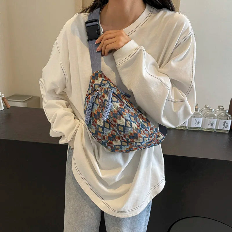 Geometrische Crossbody Bananentas – Stijlvolle Heuptas met Uniek Patroon