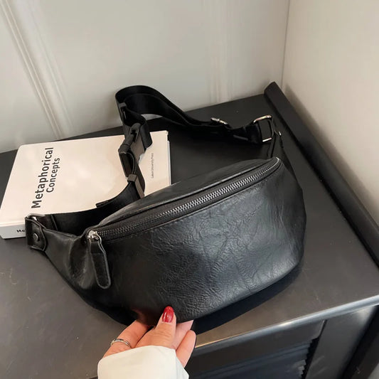 Zwarte Leren Heuptas & Crossbody – Minimalistische Fanny Pack met Rits – Streetstyle & Everyday