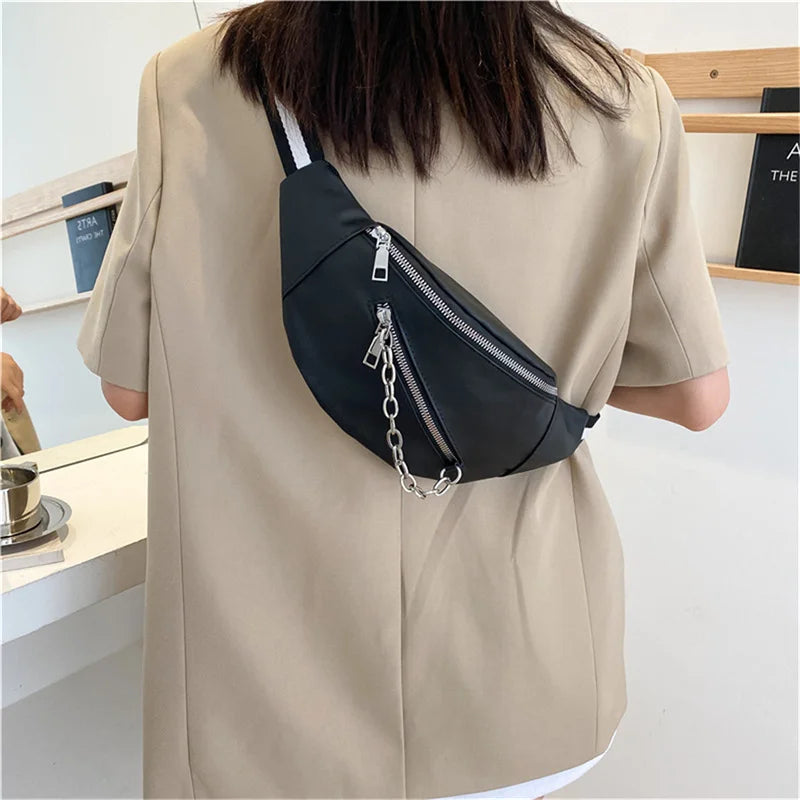 Minimalistische Crossbody Heuptas – Unisex Schoudertas met Ritssluiting & Kettingdetail