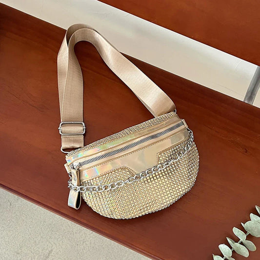 Luxe Crossbody Heuptas – Gouden Schoudertas met Strass Details