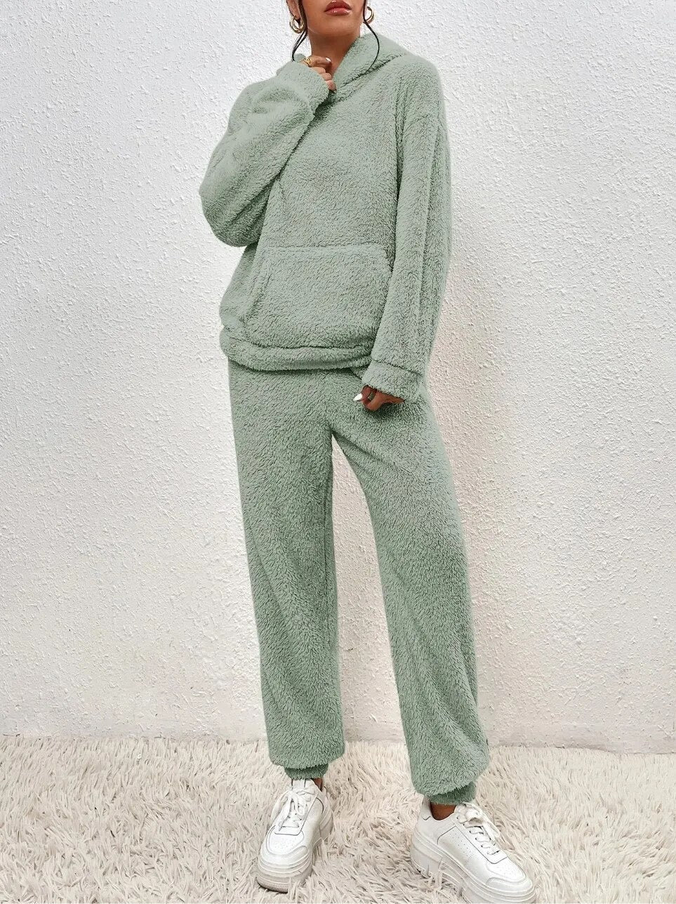 Fluffy Huispak Dames – Warme Teddy Loungewear Set met Hoodie