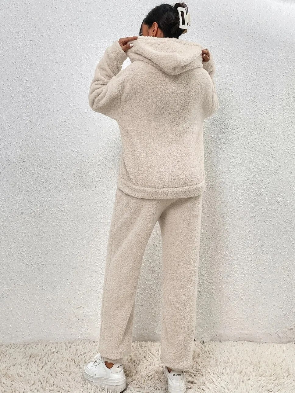 Fluffy Huispak Dames – Warme Teddy Loungewear Set met Hoodie