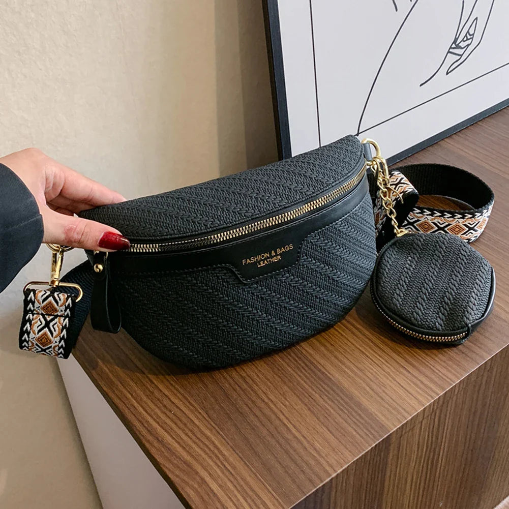 Raffia Crossbody Heuptas – Dames Fanny Pack met Extra Mini Tasje – Boho Zomerstijl