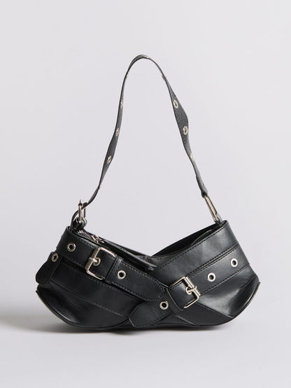 Liorra Vegan Leren Schoudertas Zwart met Gespdetails – Stoer & Trendy