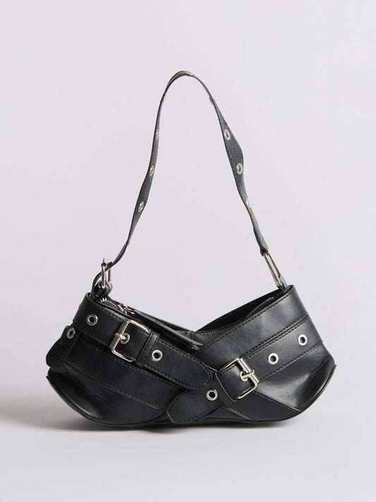 Liorra Vegan Leren Schoudertas Zwart met Gespdetails – Stoer & Trendy