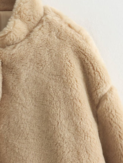 Dames Teddy Bomber Jas – Beige Winterjas van Zachte Fleece